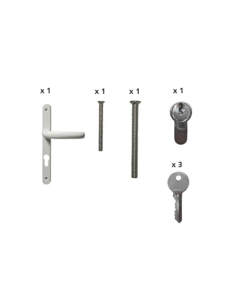 Poignée double béquille blanche + 2 vis M4x80 + Cylindre 40/50 + 3 clés
