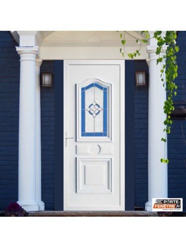 Porte d’entrée PVC INGRID – Gamme Tradition – Panneau mouluré & vitrage décoratif vitrail
