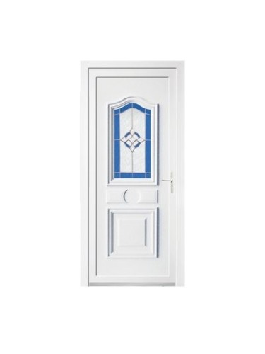 Porte d’entrée PVC INGRID – Gamme Tradition – Panneau mouluré & vitrage décoratif vitrail