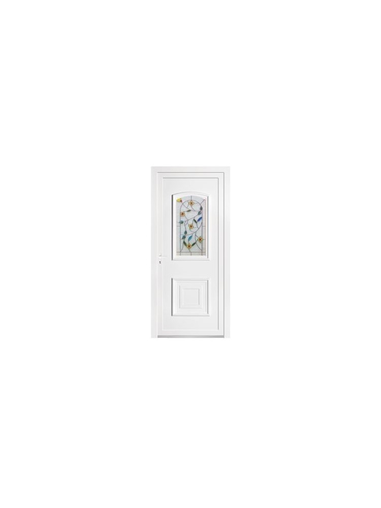Porte d’entrée PVC BIRDY Rose – Panneau mouluré & vitrail floral – Gamme Élégance Tradition