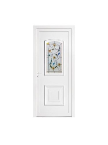Porte d’entrée PVC BIRDY Rose – Panneau mouluré & vitrail floral – Gamme Élégance Tradition