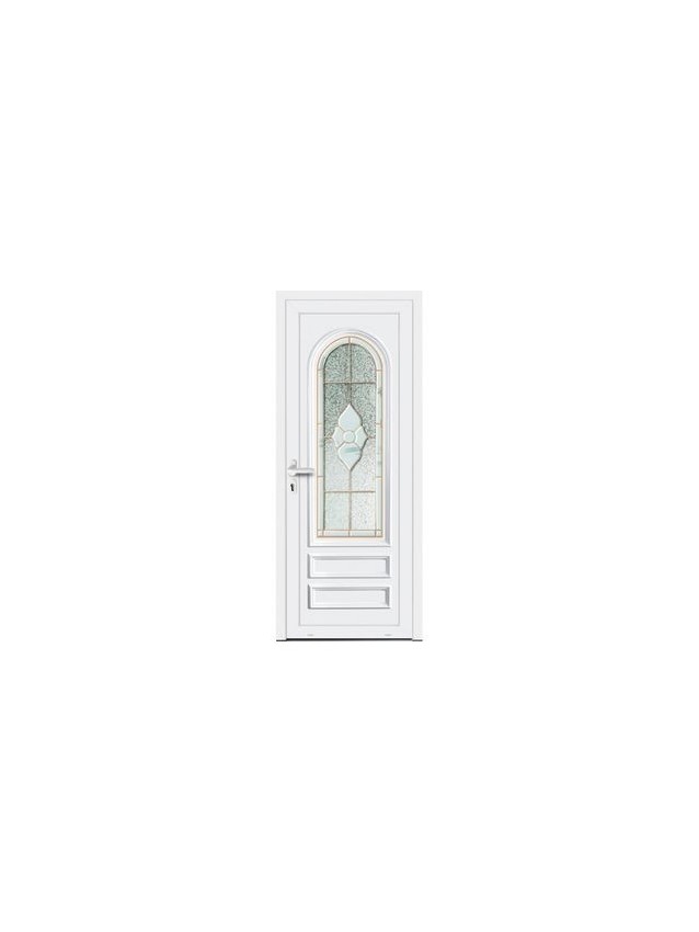 Porte d’entrée PVC MOLY Vitrail Modèle A – Panneau mouluré & véritable vitrail – Gamme Élégance Tradition